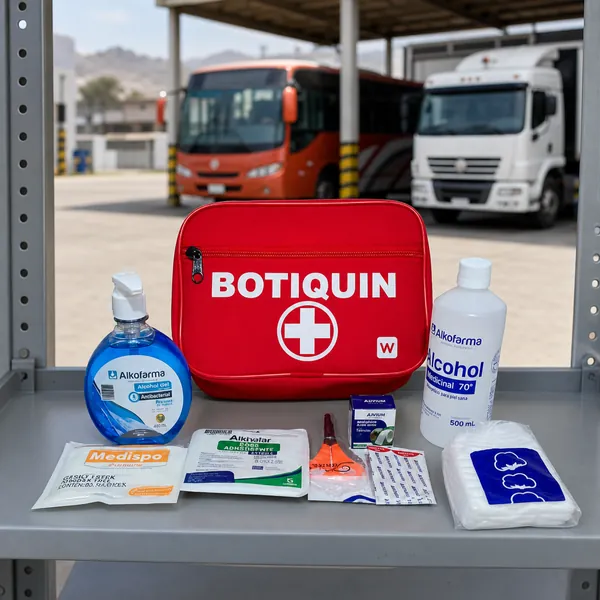 Botiquín MTC para buses y camiones en una zona de revisión de flota
