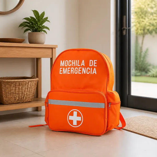 Mochila de emergencia preparada junto a la salida de un hogar
